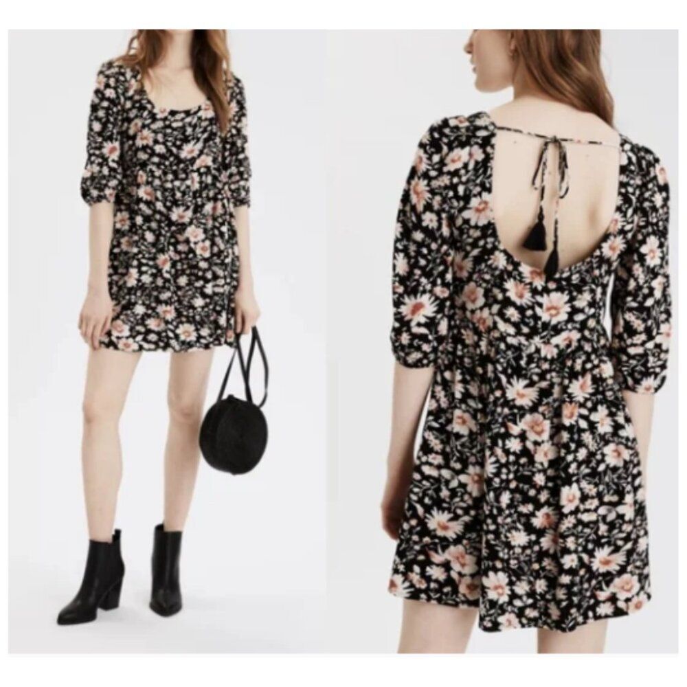 AEO | Bohemian Floral Flowy Mini Dress with Puff Sleeves Size Small